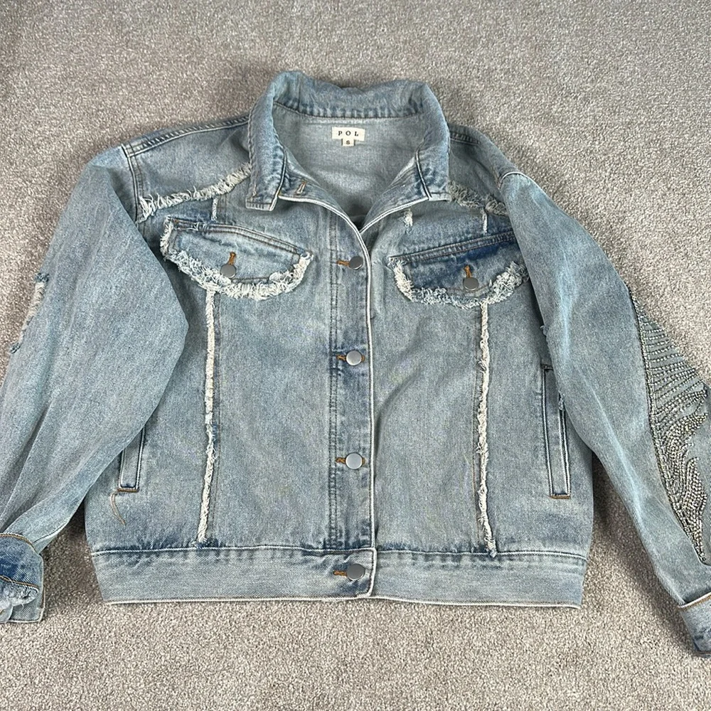 Distressed, rhinestone, fringe, jean jacket,‎ grunge, punk band rock